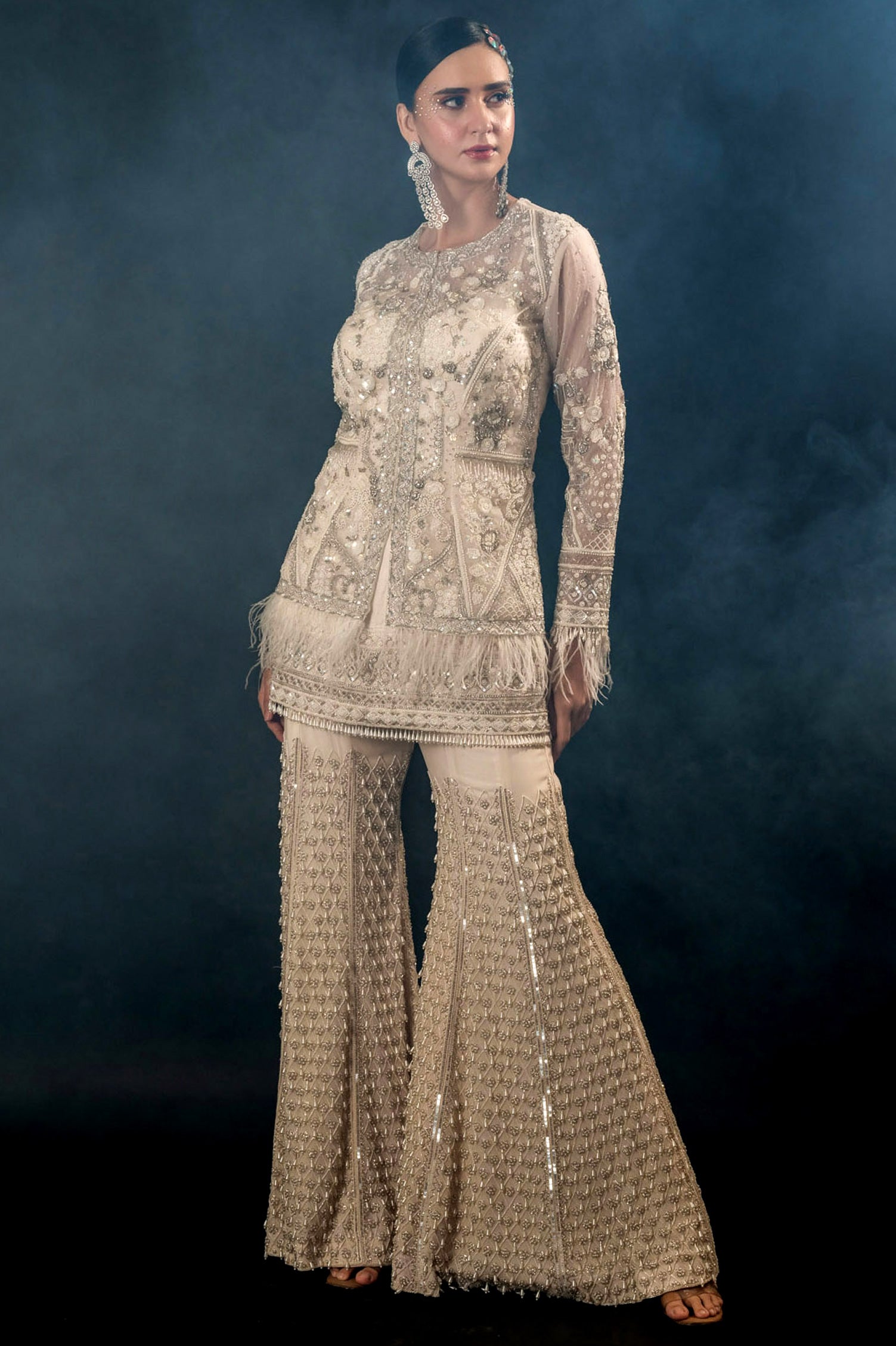 Cream Organza Silk Jacket Byus Sharara Set
