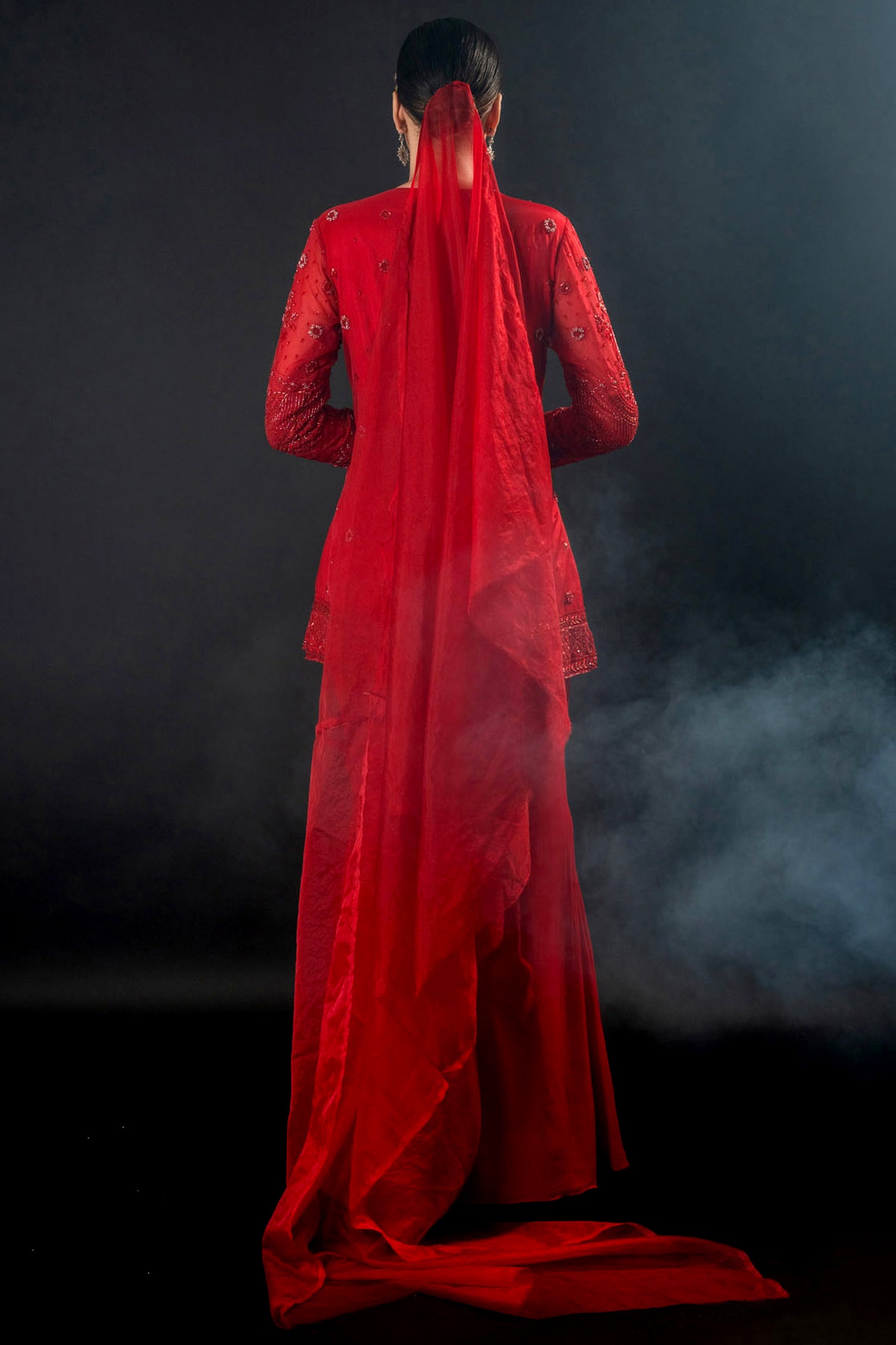 Red Floral Pattern Organza Gorgette Sharara Set