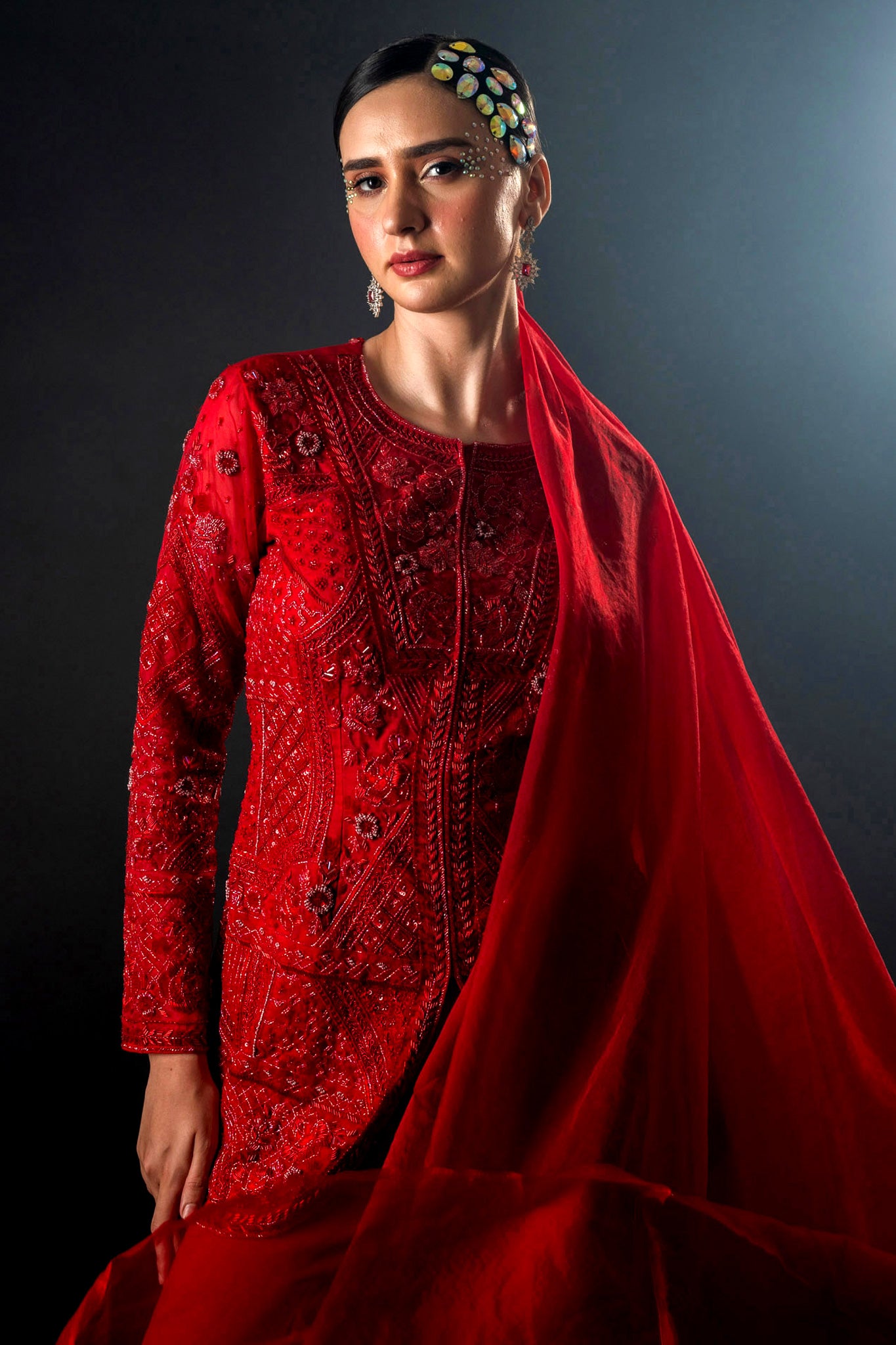 Red Floral Pattern Organza Gorgette Sharara Set