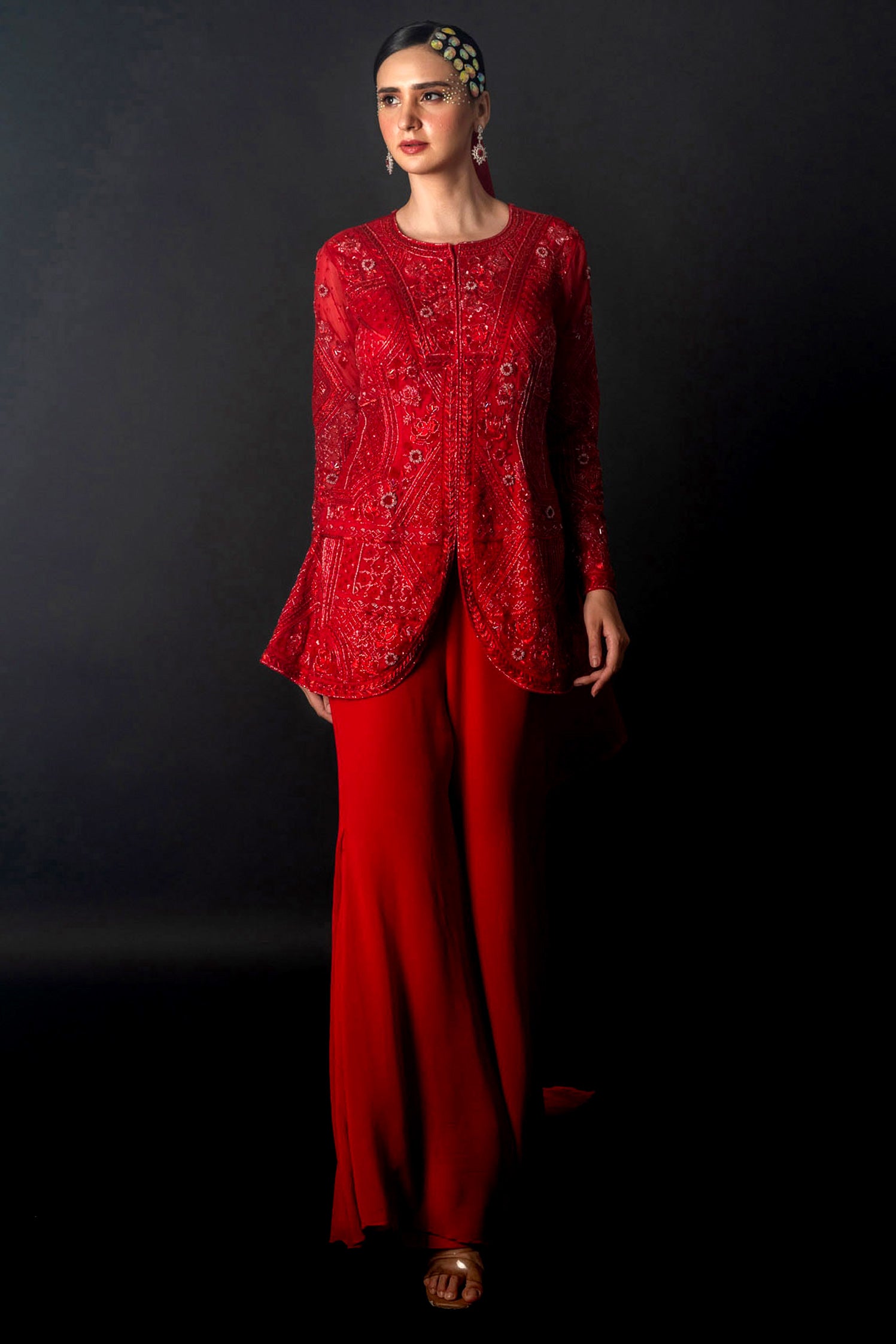 Red Floral Pattern Organza Gorgette Sharara Set
