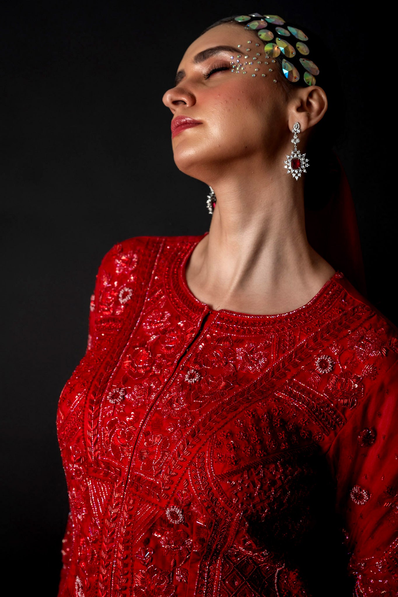 Red Floral Pattern Organza Gorgette Sharara Set