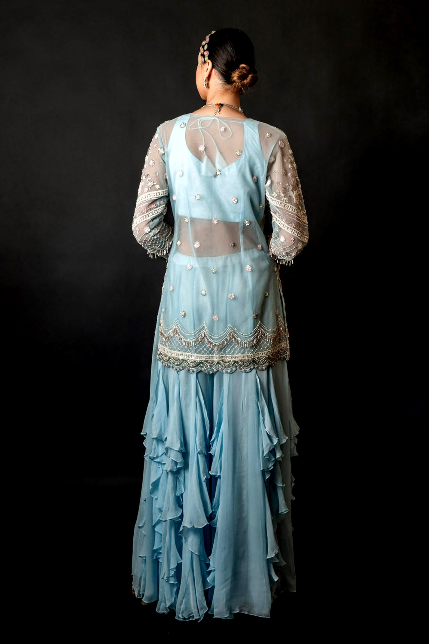 Powder Blue Net Gorgette with Jacket Bustier Frill Sharara Set