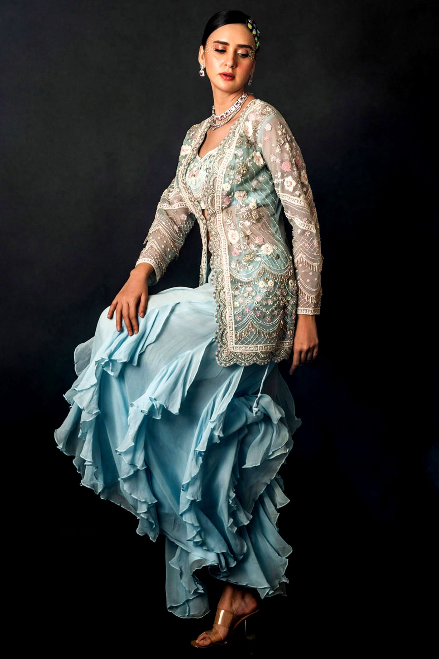 Powder Blue Net Gorgette with Jacket Bustier Frill Sharara Set