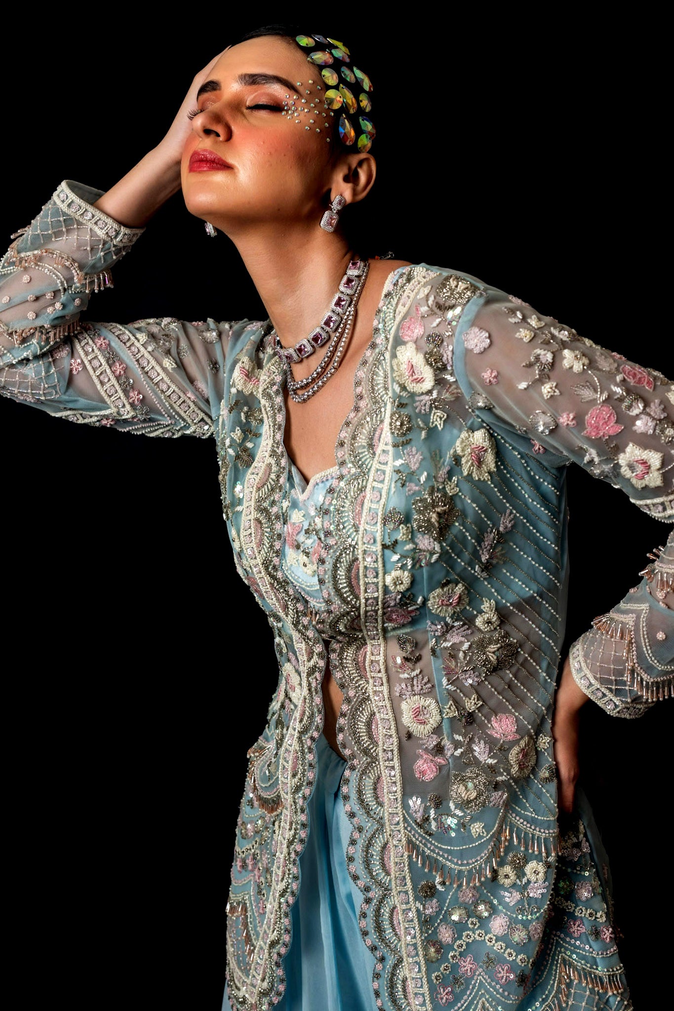 Powder Blue Net Gorgette with Jacket Bustier Frill Sharara Set