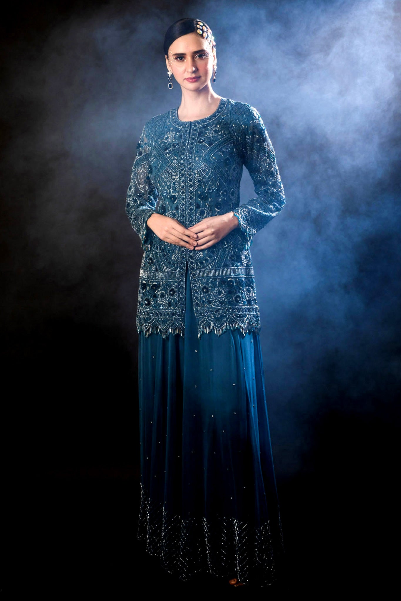 Indigo Organza Gorgette with Jacket Sharara Set