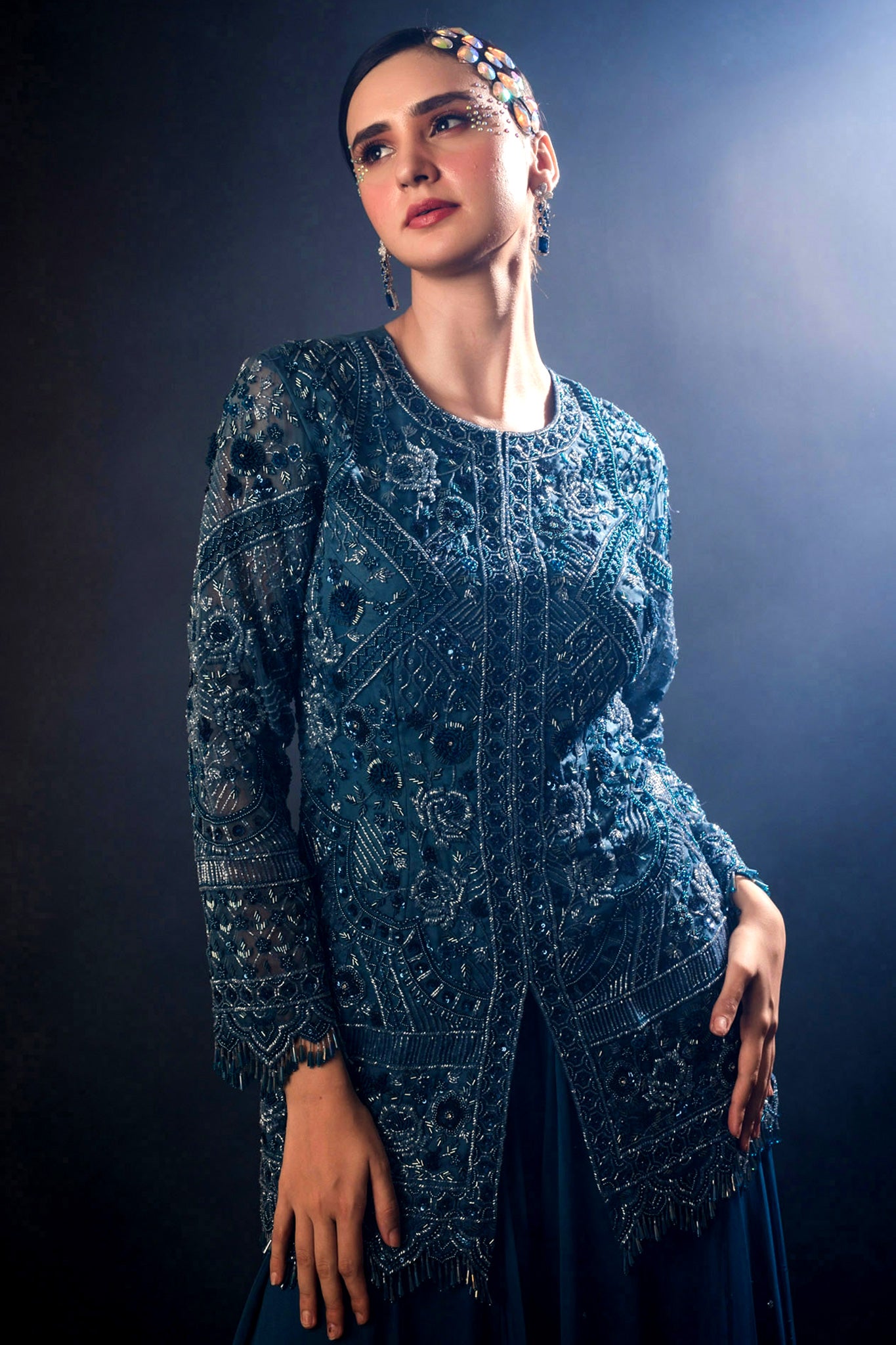 Indigo Organza Gorgette with Jacket Sharara Set
