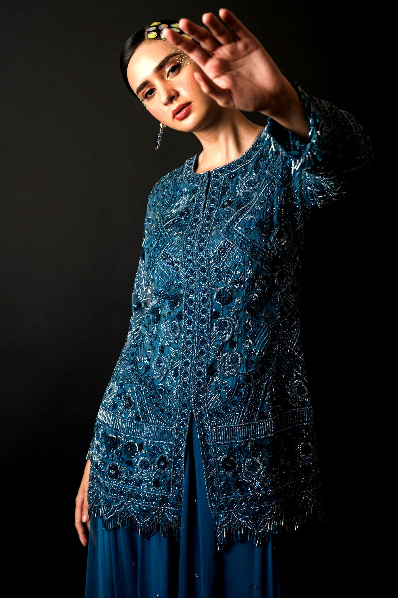 Indigo Organza Gorgette with Jacket Sharara Set