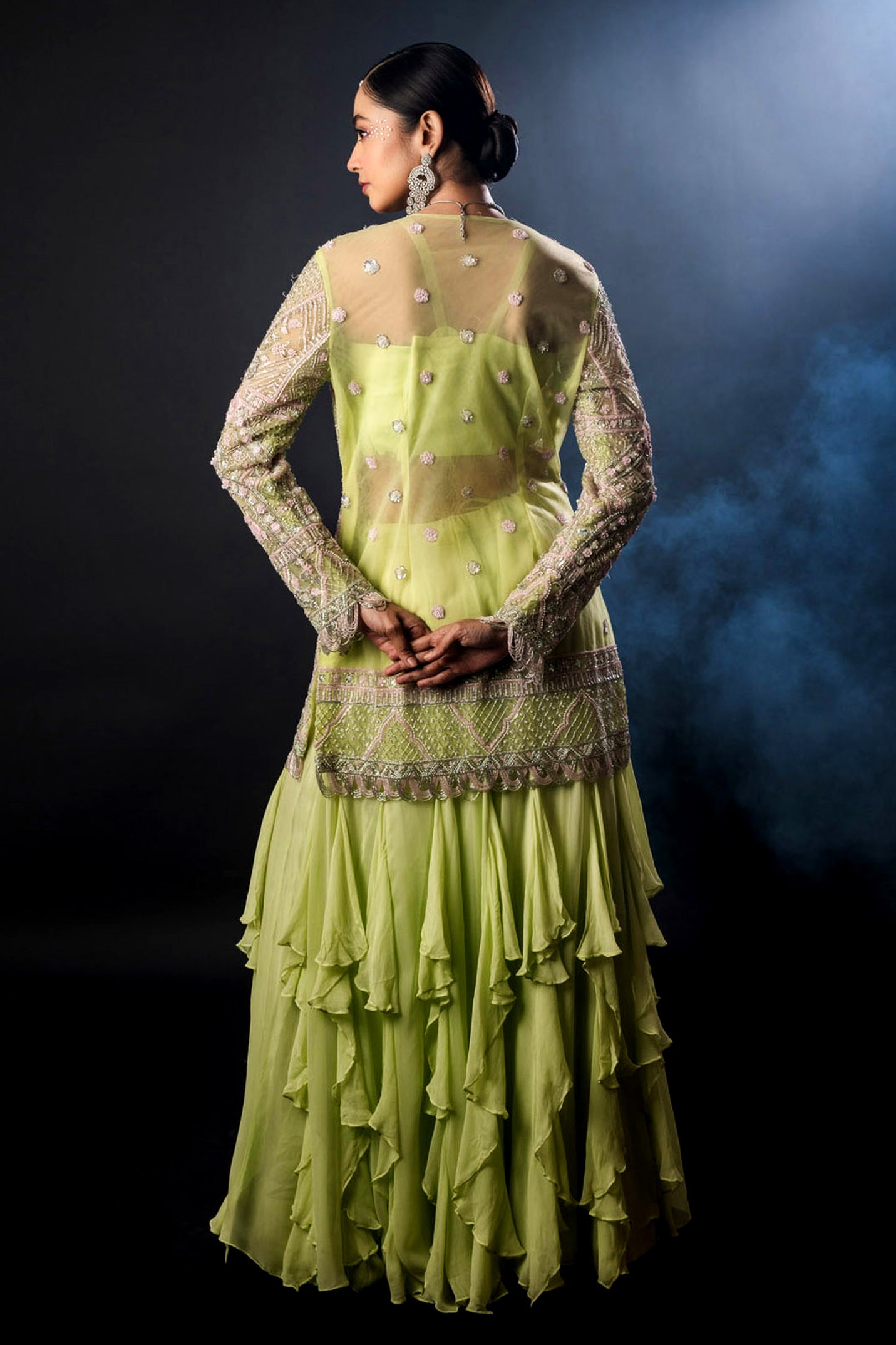 Pista Green Net Georgette with Jacket Bustier Frill Sharara Set