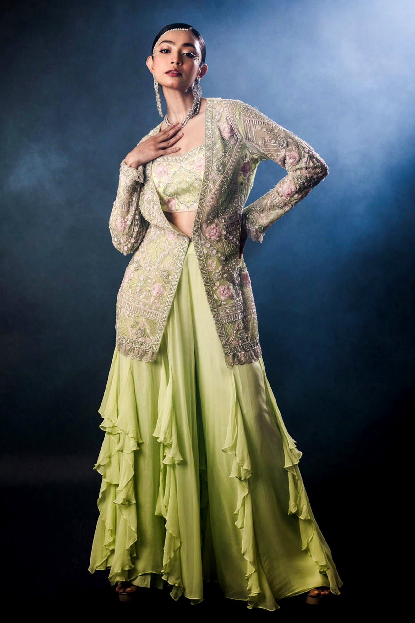 Pista Green Net Georgette with Jacket Bustier Frill Sharara Set