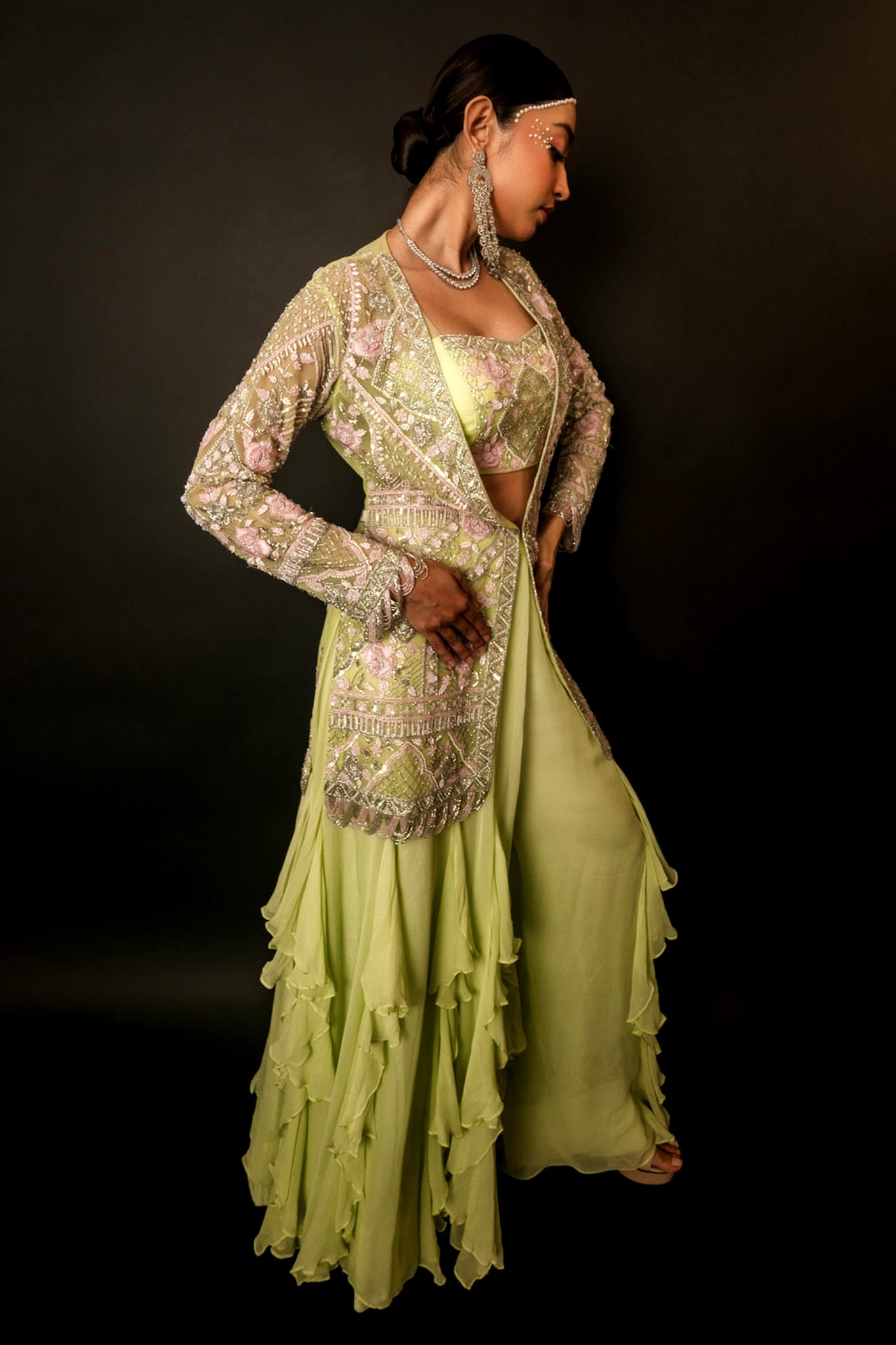 Pista Green Net Georgette with Jacket Bustier Frill Sharara Set