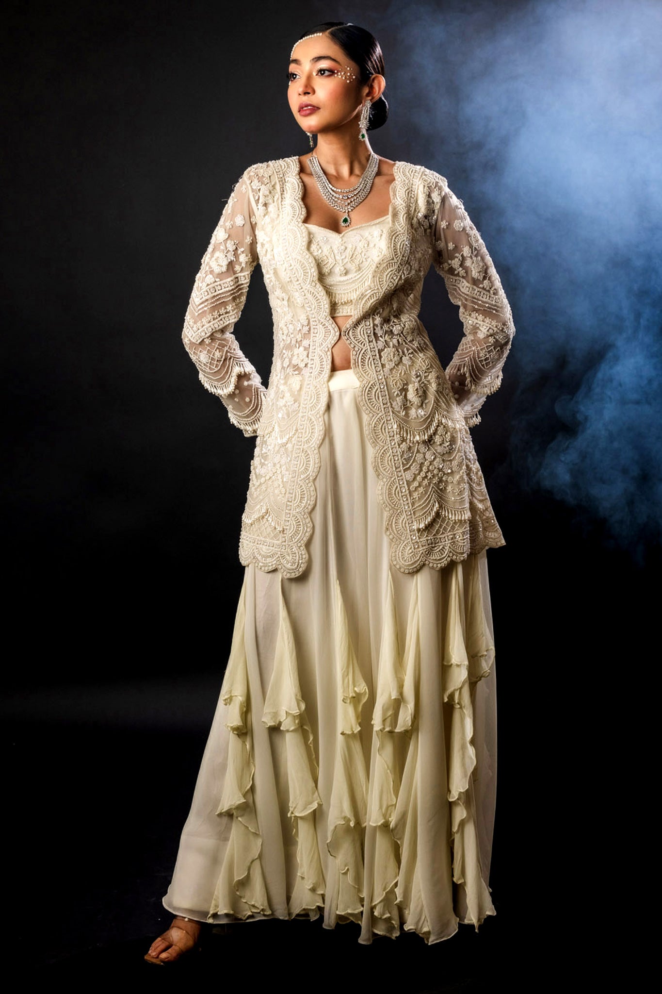 Off White Organza Gorgette Jacket Bustier Frill Sharara Set