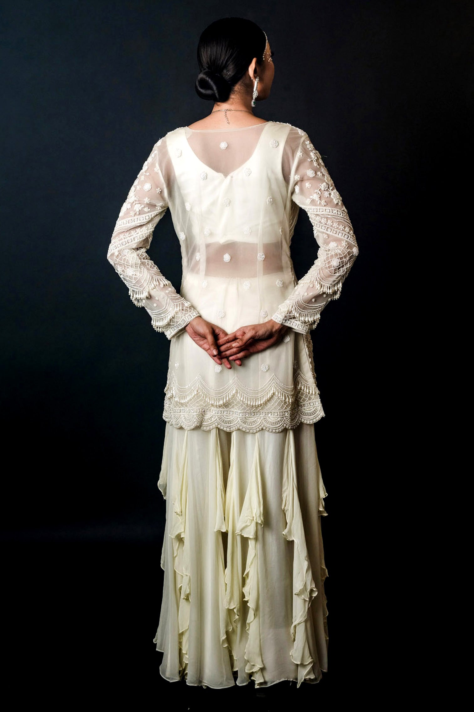 Off White Organza Gorgette Jacket Bustier Frill Sharara Set