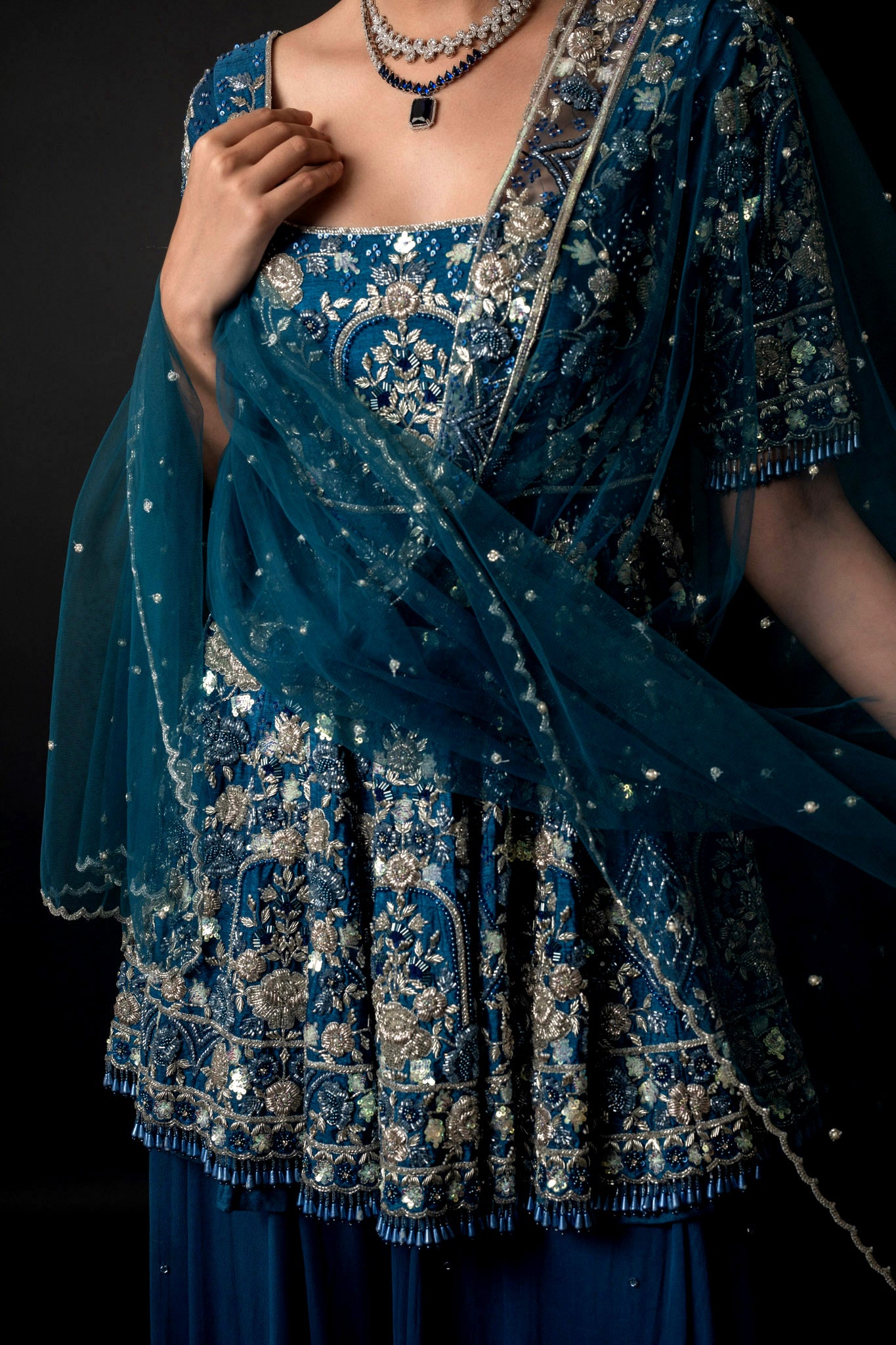 Indigo Silk Georgette Peplum Top Sharara Set