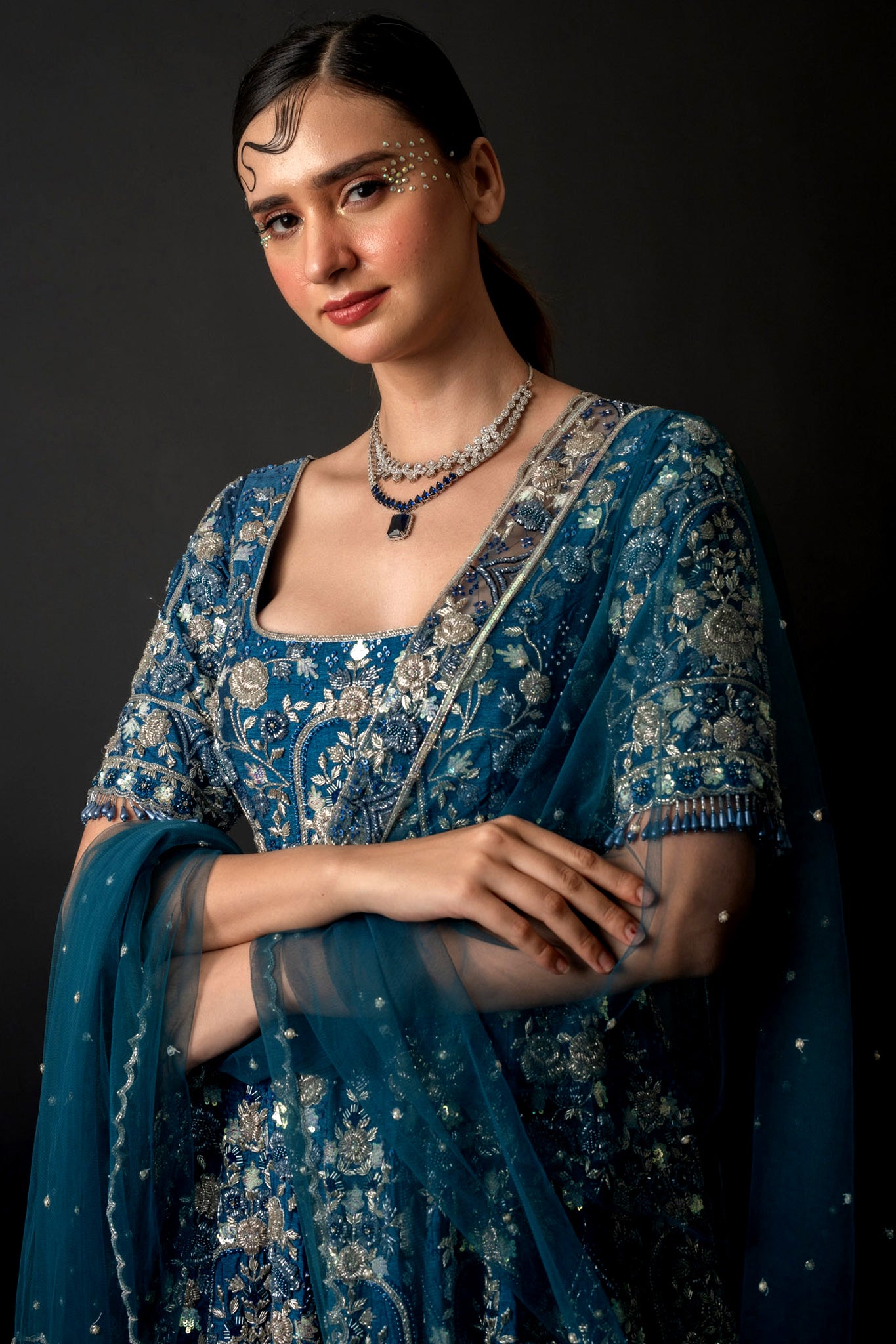 Indigo Silk Georgette Peplum Top Sharara Set