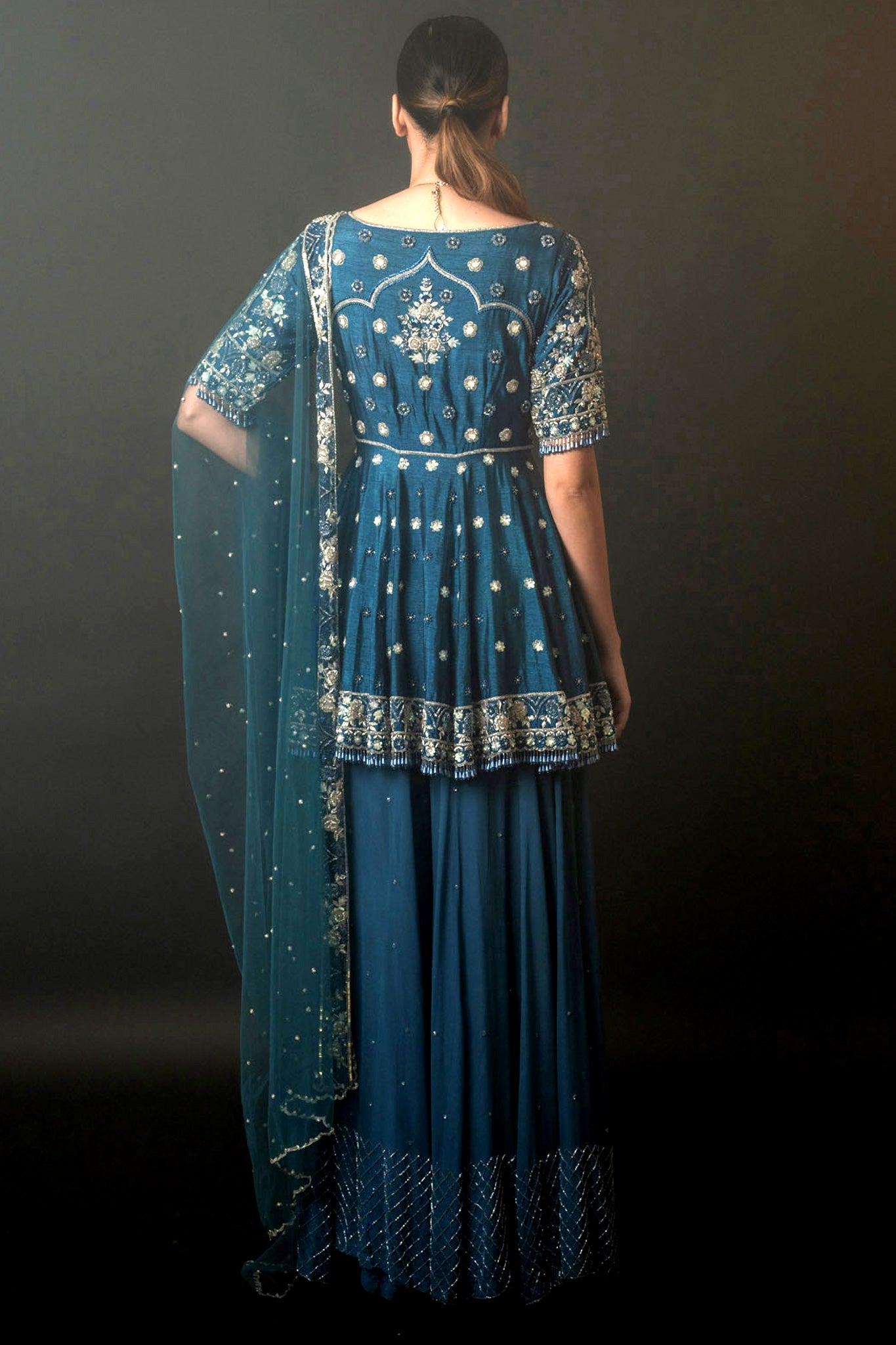 Indigo Silk Georgette Peplum Top Sharara Set