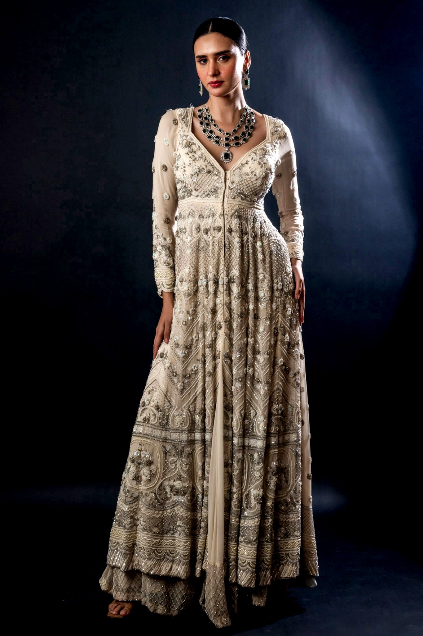 Cream Georgette Long Gown Skirt Set