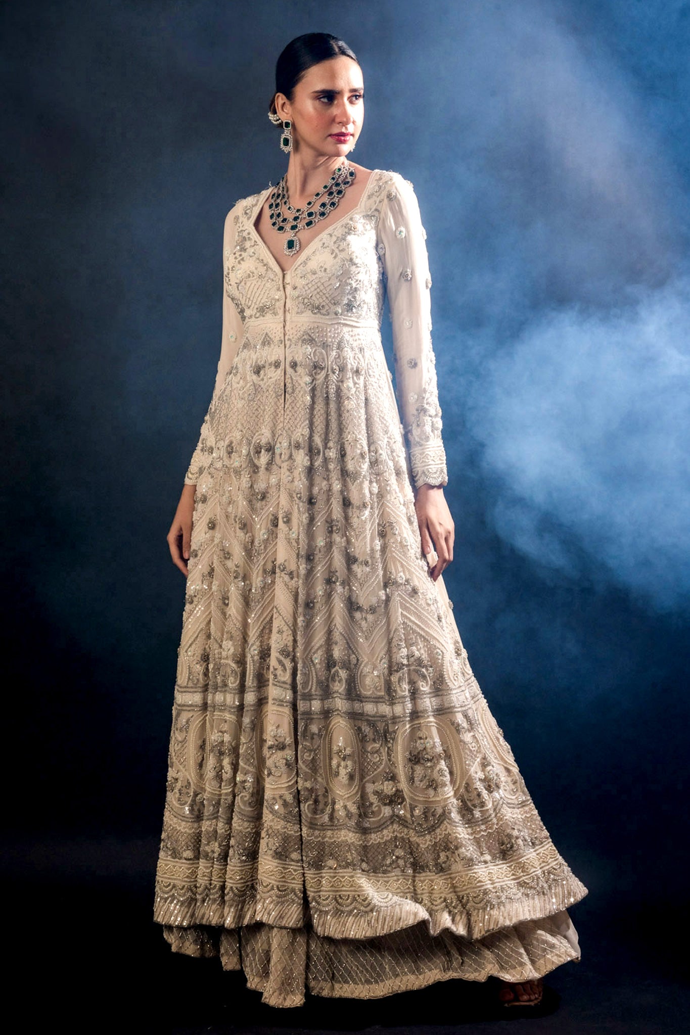 Cream Georgette Long Gown Skirt Set