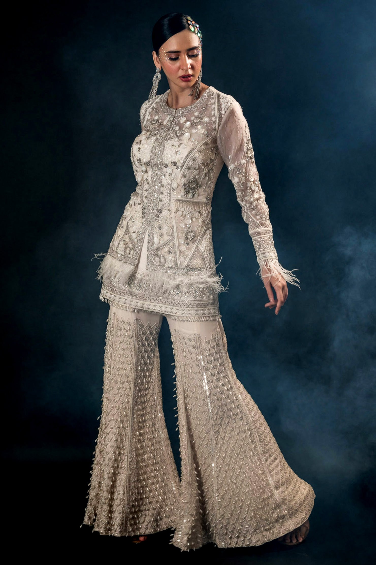 Cream Organza Silk Jacket Byus Sharara Set