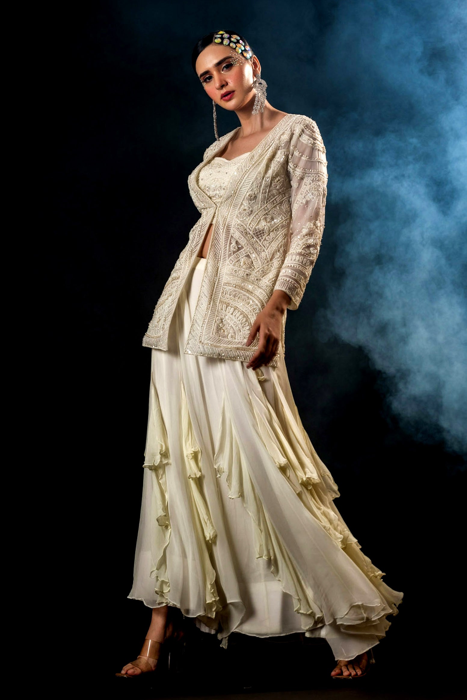 Off White Organza Gorgette Sharara Set
