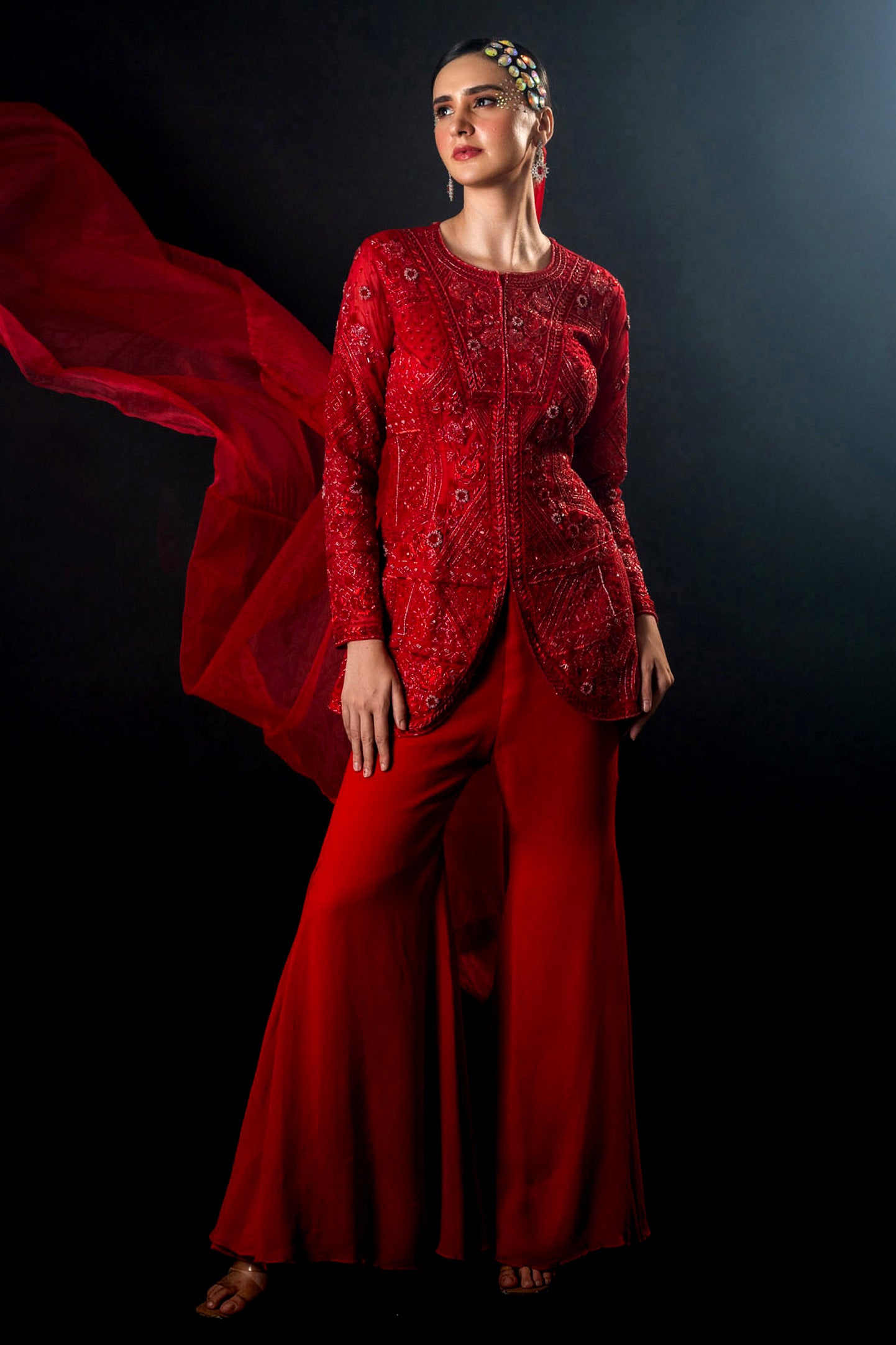 Red Floral Pattern Organza Gorgette Sharara Set