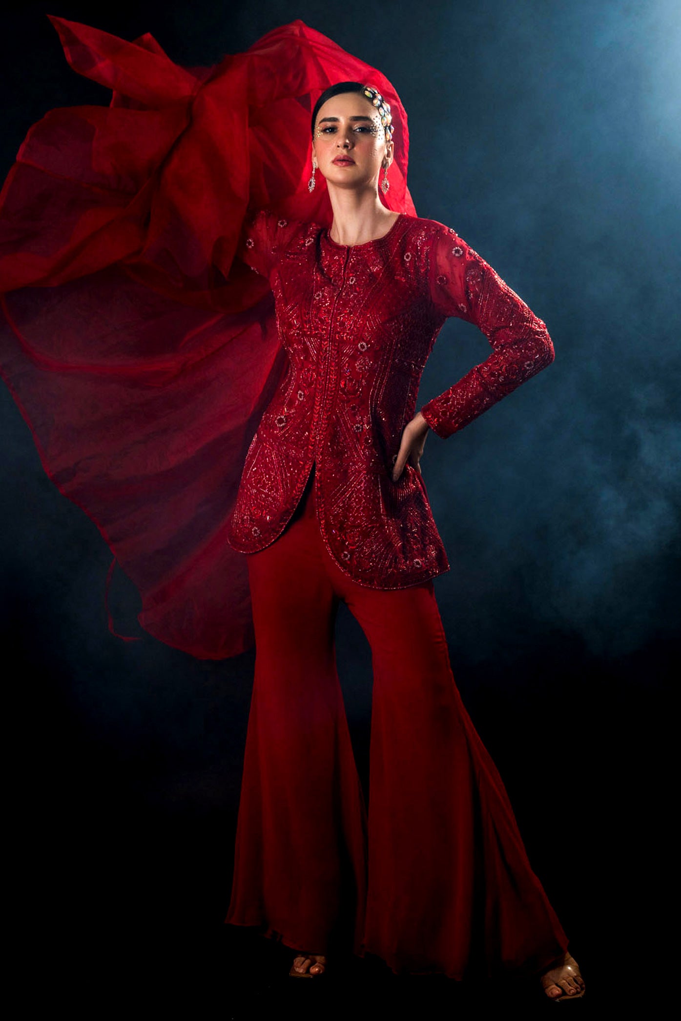 Red Floral Pattern Organza Gorgette Sharara Set
