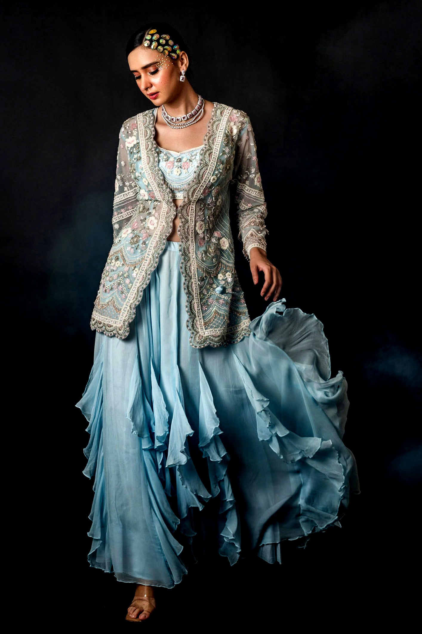 Powder Blue Net Gorgette with Jacket Bustier Frill Sharara Set