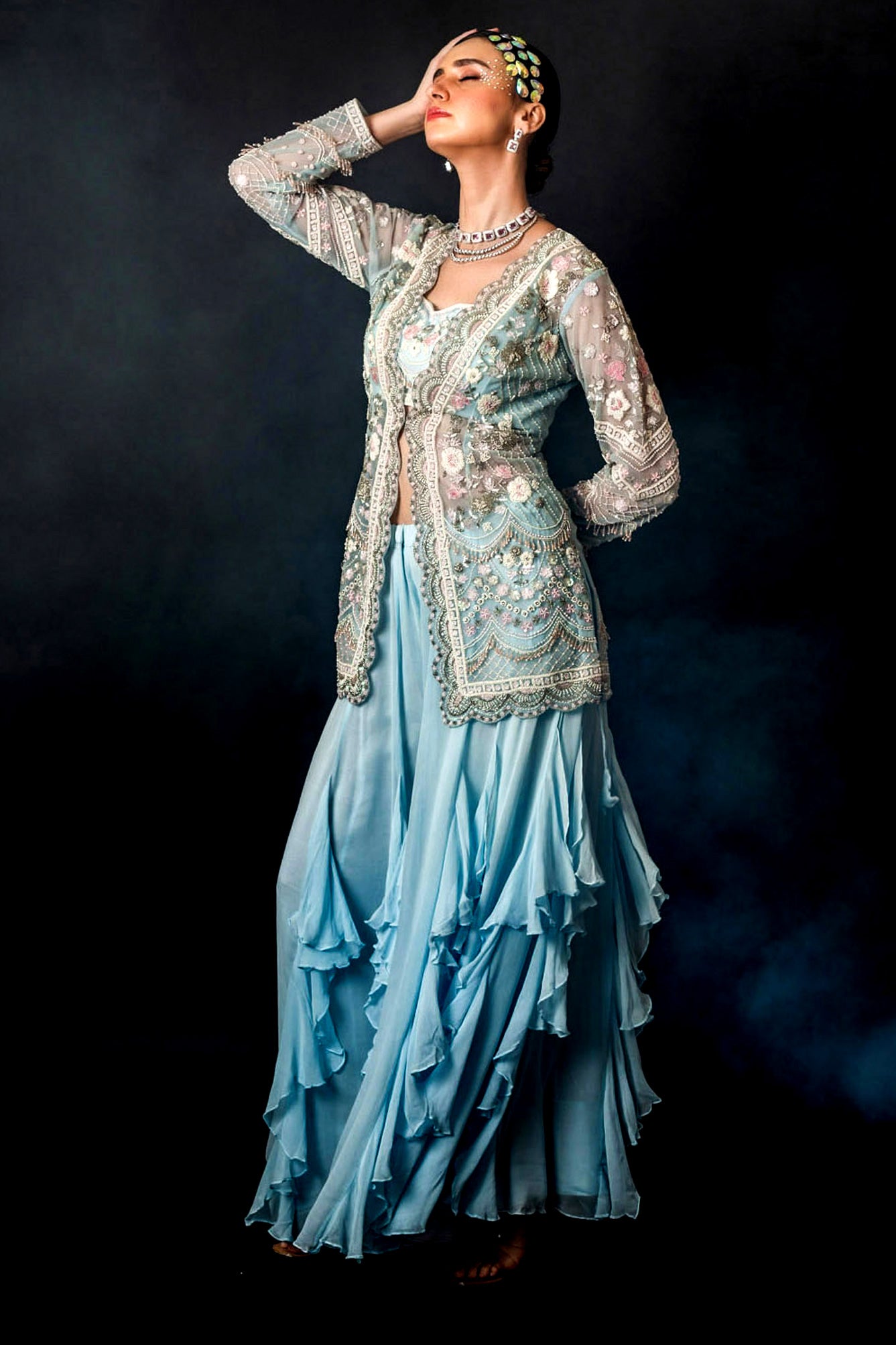 Powder Blue Net Gorgette with Jacket Bustier Frill Sharara Set