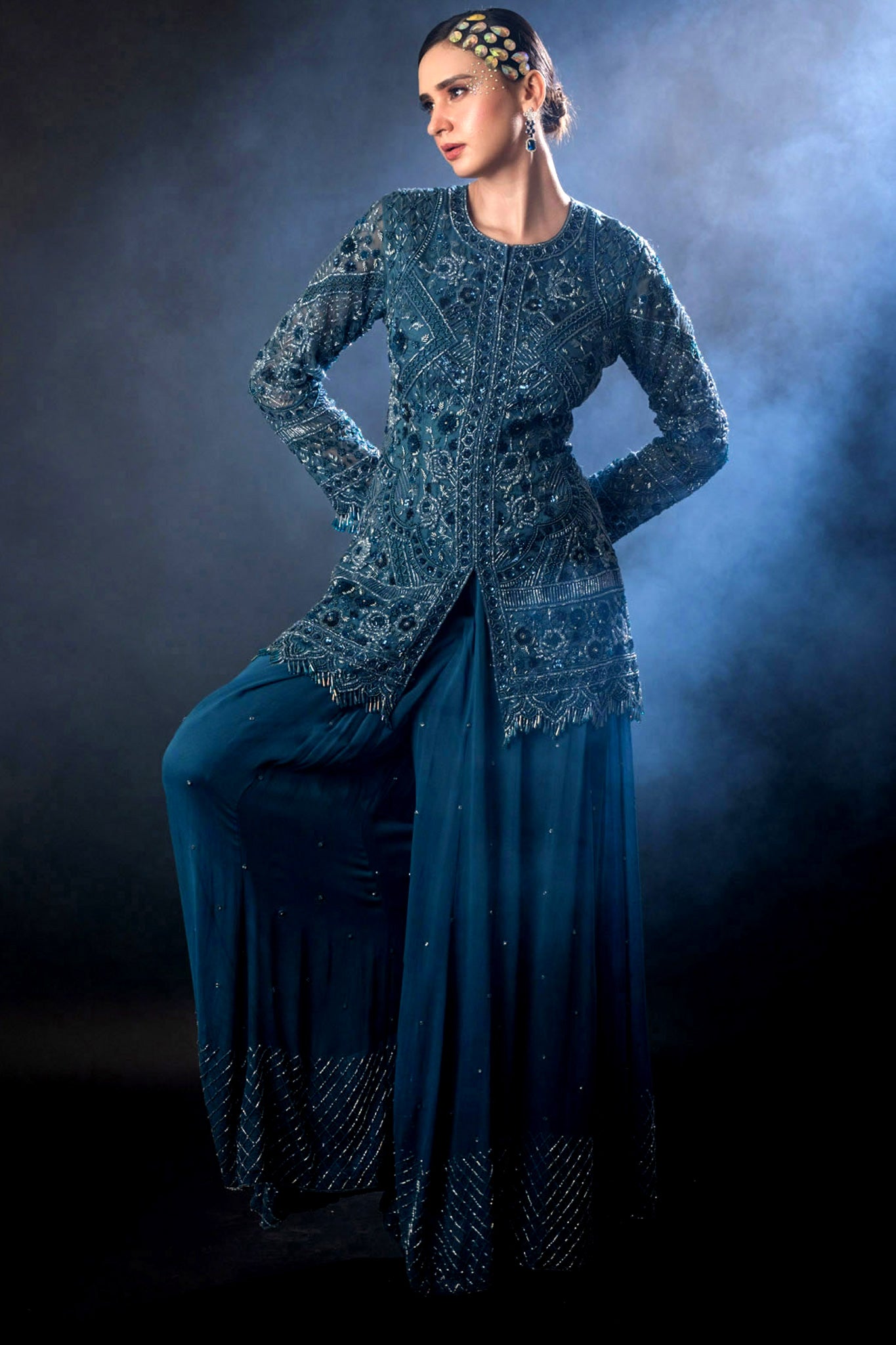 Indigo Organza Gorgette with Jacket Sharara Set