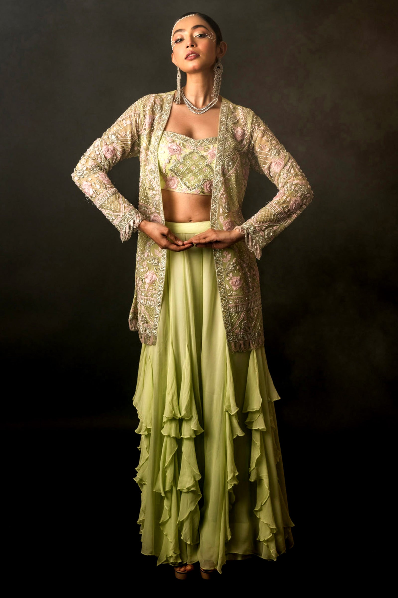 Pista Green Net Georgette with Jacket Bustier Frill Sharara Set