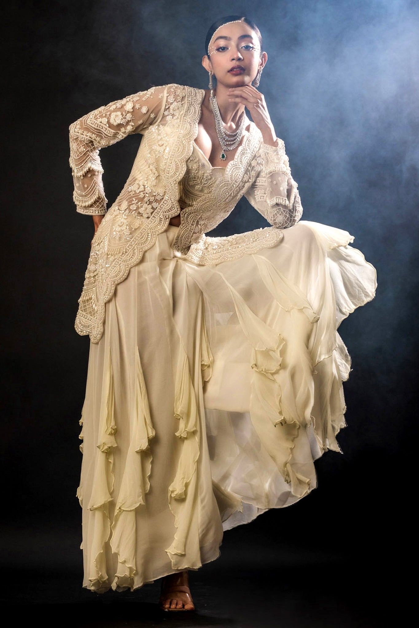 Off White Organza Gorgette Jacket Bustier Frill Sharara Set