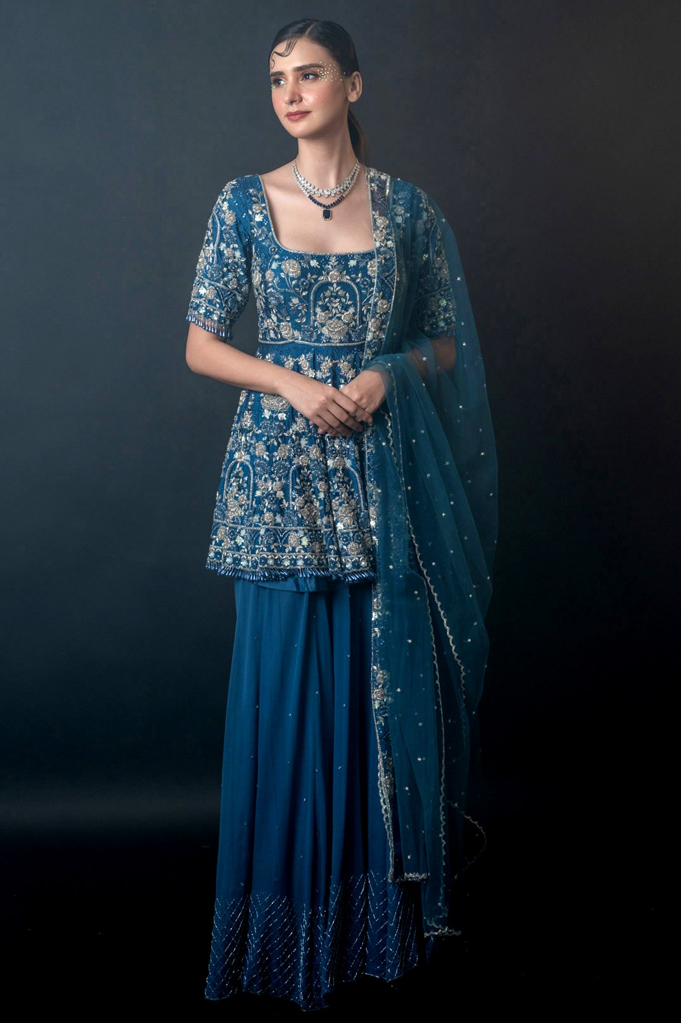Indigo Silk Georgette Peplum Top Sharara Set