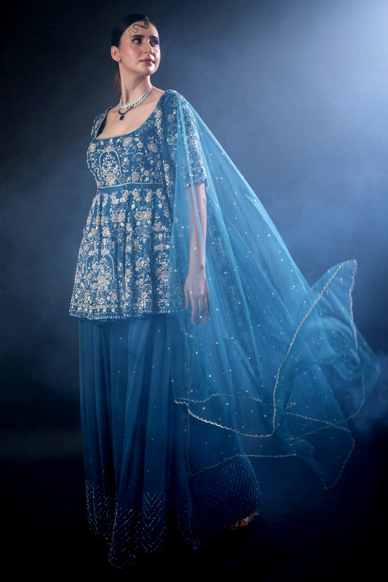 Indigo Silk Georgette Peplum Top Sharara Set