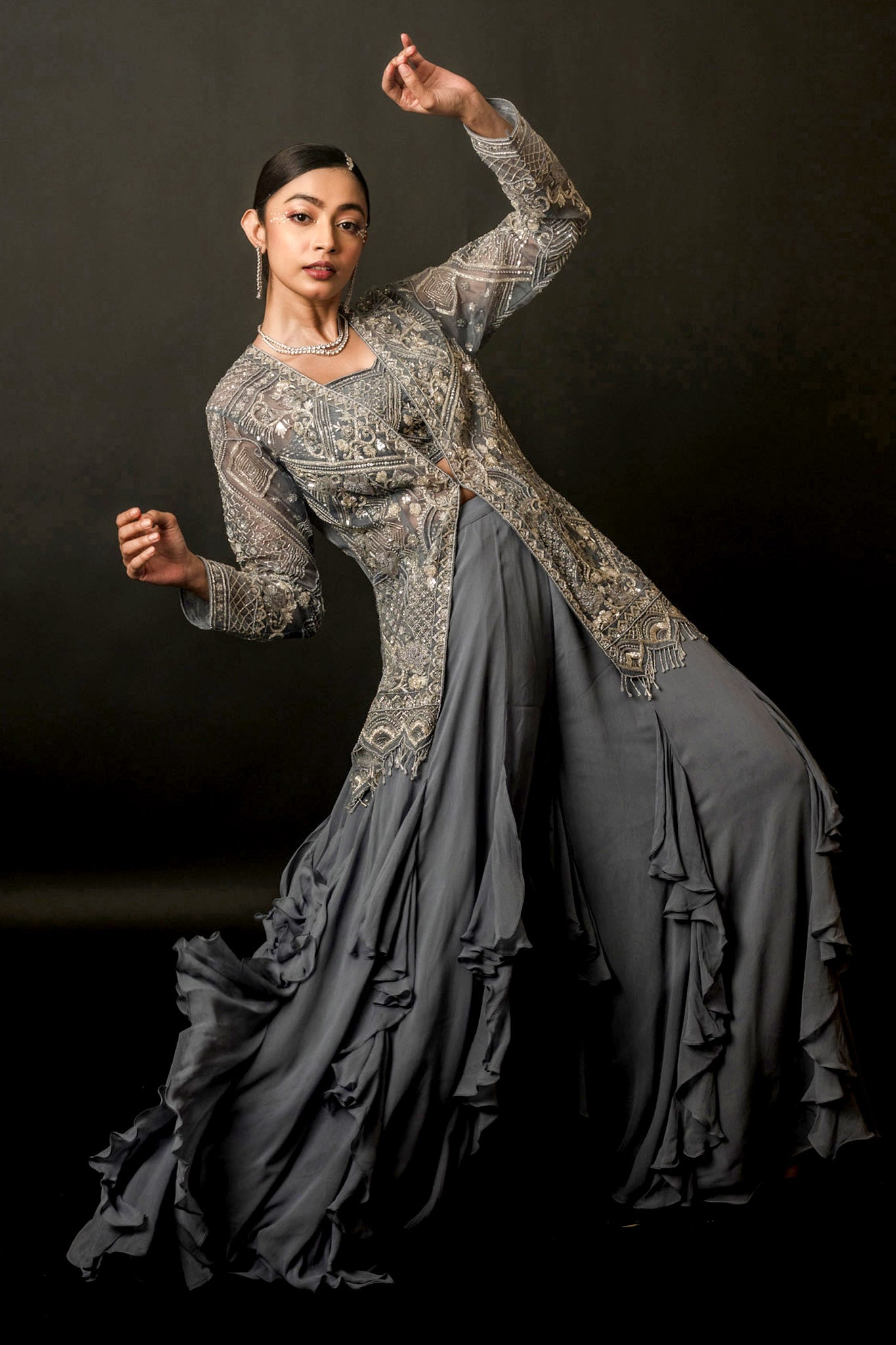 Flint Organza Georgette Jacket Bustier Frill Sharara Set
