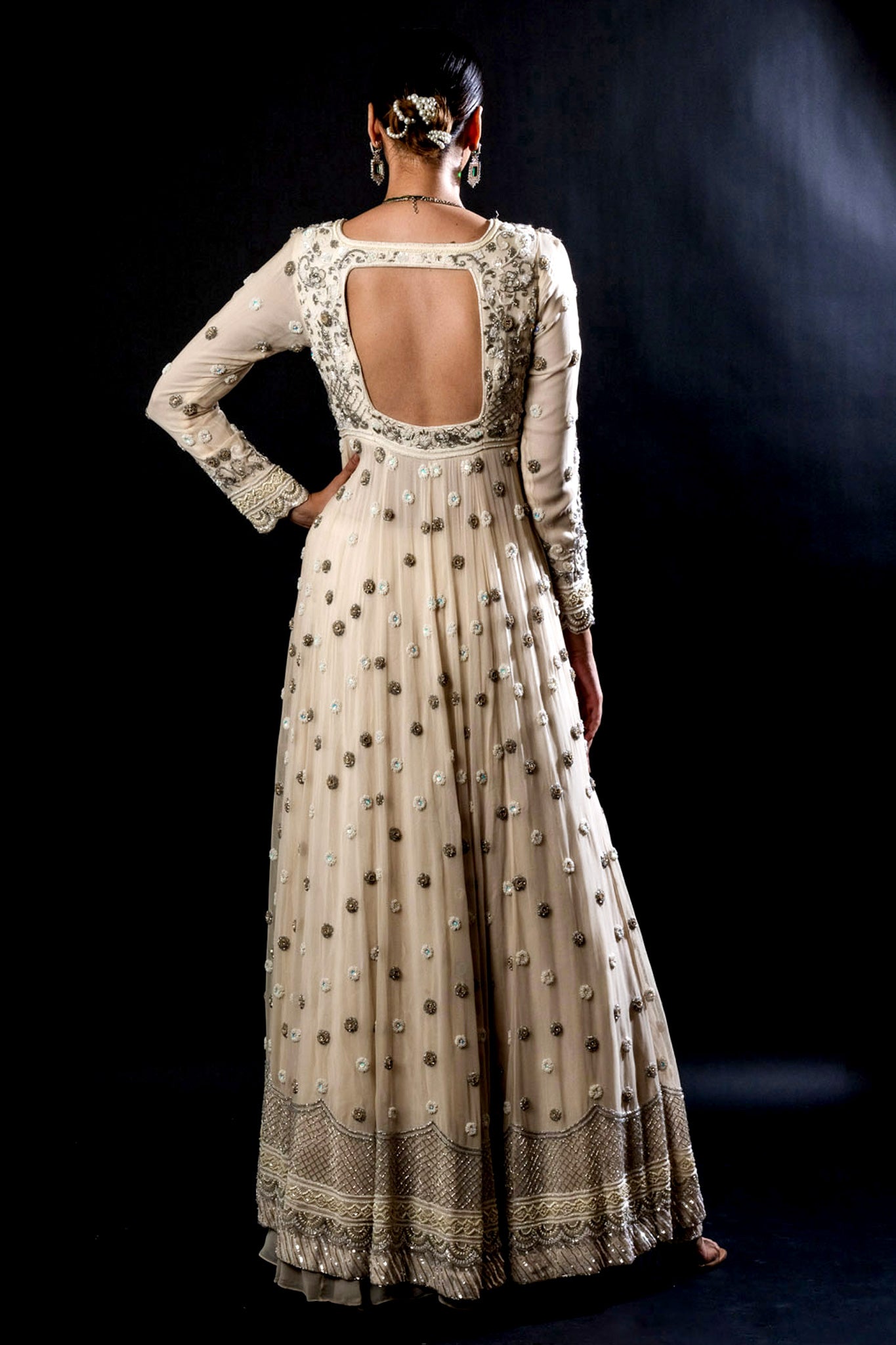 Cream Georgette Long Gown Skirt Set