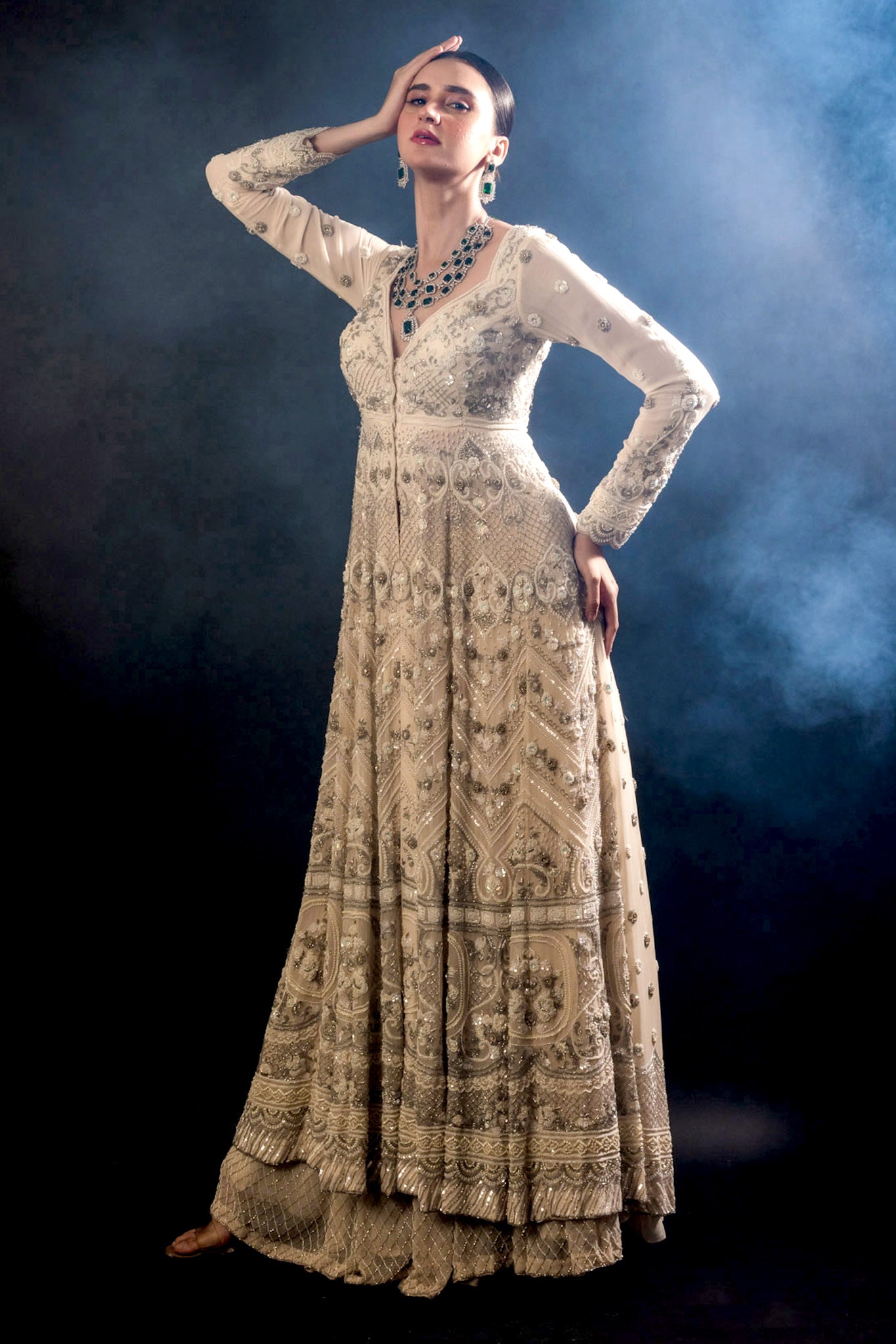 Cream Georgette Long Gown Skirt Set